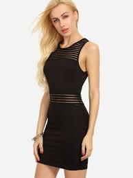 Black Sleeveless Mesh Insert Bodycon Dress Shein Sheinside Bodycon Tank Dress Striped Bodycon Dress Fashion