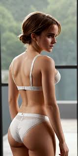 20 years old Emma watson wearing tiny white bra and panties, butt - SeaArt  AI