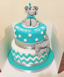 Two Tier Baby Shower Cake For A Mummy To Be With An Elephant Cake Topper Colours Teal Grey Pastel Baby Shower Baby Boy Shower Baby Shower Cake Decorations