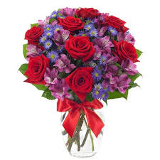 Red Roses Purple Alstroemeria And Blue Flowers Delivered In Vase With Red Bow Online Flower Delivery Flower Delivery Cheap Flower Delivery