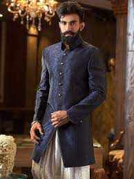 Navy Blue Terry Rayon Embroidered Jodhpuri Sherwani Sherwani Blue Sherwani Mens Indian Wear For any query on buying online, please write to us at onlineinfo@manyavar.com or call at 1800. navy blue terry rayon embroidered
