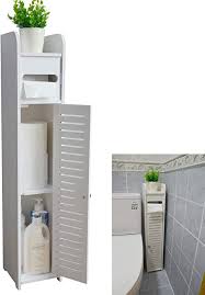 It is a farmhouse inspired bathroom with walls and floors made of glossy tile finishing. Amazon Com Small Bathroom Storage Corner Floor Cabinet With Doors And Shelves Thin Toilet Vanity Cabinet Narrow Bath Sink Organizer Towel Storage Shelf For Paper Holder White By Aojezor Home Kitchen