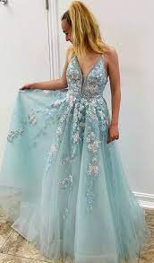 Chic Light Blue Long Prom Dresses Spaghettis Traps Prom Gowns With Appliques Prettiest Graduat Mint Green Prom Dress Green Prom Dress Prom Dresses Sleeveless