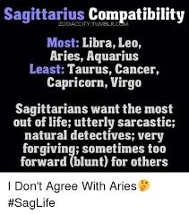 Not only do your horoscopes guide you through your life, but they also show how you interact with the world around you. Sagittarius Compatibility Zodiaccity Tumblrc Most Libra Leo Aries Aquarius Least Taurus Cancer Capricorn Virgo Sagittarians Want The Most Out Of Life Utterly Sarcastic Natural Detectives Very Forgiving Sometimes Too Forward Blunt For