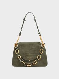 Croc Effect Chunky Chain Link Shoulder Bag Olive Hi Res Shoulder Bag Chain Strap Bag Bag Accessories