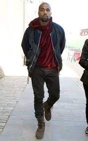 Kanye West Wearing Navy Bomber Jacket Burgundy Velvet Hoodie Black Jeans Dark Brown Snow Boots Hoodie Outfit Men Maroon Hoodie Outfit Burgundy Hoodie