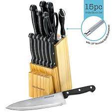 Knife Set Of 15 Pieces Scissor Round Knife Sharpener Included And A Wood Butcher Block Knives Holder Cutlery Set For Chefs Cooks Commercial Kitchens Hom
