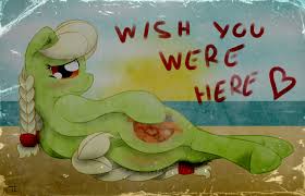 332845 - suggestive, artist:php192, granny smith, g4, beach, bedroom eyes,  blushing, braid, butt, female, photo, pinup, plot, postcard, young granny  smith - Derpibooru