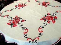 Vintage Linen Table Cloth Tablecloth Cross Stitch By Cinfuloldies Vintage Linens Cross Stitch Rose Handmade