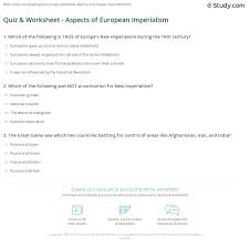 Quiz Worksheet Aspects Of European Imperialism Study Com