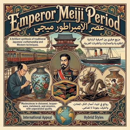 الفنون في عهد الإمبراطور ميجي (1868–1912) 🇯🇵 يتميز فن “ميجي” بمزج الحرفية اليابانية التقليدية بالواقعية الغربية، مدفوعاً بالتحديث السريع والطلب العالمي. • أبرز المجالات: • الكلوازوني والخزف: “العصر الذهبي” للمينا، وازدهار قطع “