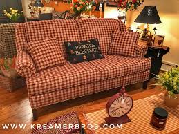 High Back Country Sofa In Red Plaid Fabric With Chippendale Legs During The Month Of October We Are Putt Country Sofas Country Furniture Primitive Living Room
