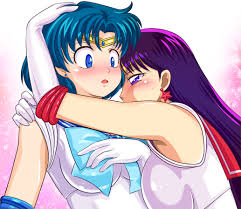 pirochi, hino rei, mizuno ami, sailor mars, sailor mercury, bishoujo senshi  sailor moon, 1990s (style), 2girls, blue eyes, blue hair, blush, breasts,  earrings, elbow gloves, gloves, inner senshi, jewelry, long hair, multiple