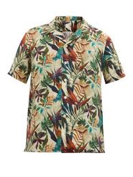 Tropical Print Cuban Collar Linen Shirt 120 Lino