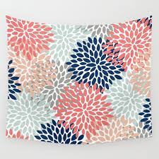 Aqua purple and coral color palette. Floral Bloom Print Living Coral Pale Aqua Blue Gray Navy Wall Tapestry By Meganmorrisart Society6