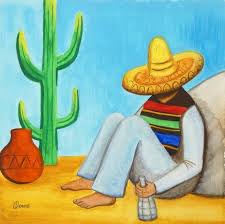 Sombrero Poncho Mexican Cactus Pottery Boulder Sunshine Hot Lazy Day Sleepy Southwestern Original Art Watercolour Distressed Barn Wood Frame Mexican Paintings Mexican Art Poncho Mexican