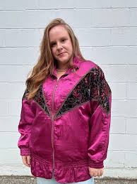 Vintage PLUS TAILLE 1980s DEADSTOCK Lady Lavon Rose Magenta Floral Velvet  Bomber Jacket