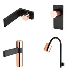 Matte Black And Gold Bathroom Accessories Phoenix Tapware Milli Axon Rose Gold Black Www Phoenixtapware Com Au Bathroom Layout Bathroom Design Gold Bathroom Accessories