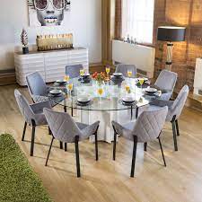 Rectangular dining table with glass top metal legs in about 30 minutes, we were done with the table and all the seats. Round Glass Top White Gloss Dining Table 8 Light Grey Carver Chair Round Dining Table Sets Round Dining Room Table Large Round Dining Table