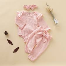 Baby Toddlers Solid Color 3 Pcs Ramie Cotton Romper Waist Bow Decor Pants Headband Set Summer Baby Clothes European Baby Fashion Winter Baby Clothes