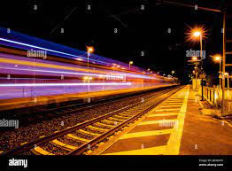 Long Exposure Of Passing Trains In The Night In A Train Station Stock Photo Alamy