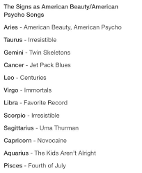 American Beauty American Psycho Songs Zodiac Love Aries Star Sign Pisces