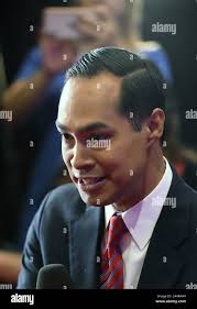 Democratic presidential candidate Julian Castro of San Antonio is  interviewed by journalist Katy Tur of MSNBC at the Texas Tribune Festival  in Austin, Texas Stock Photo