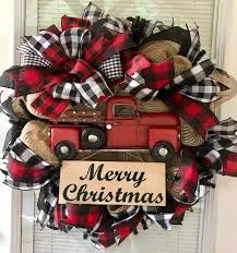 Black And Red Checkered Christmas Decorations Christmas Wreath Red Truck Wreath Red Truck Farmhouse Christmas Wreath Buffalo Plaid Wreath Winter Wreath Buffalo Plaid Farmhouse Christmas Wreaths Christmas Wreaths Diy Christmas Red Truck