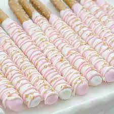 These Adorable Pink White Chocolate Covered Pretzels Are Perfect For A Spring Party Baby Sh Baby Shower Desserts Bridal Shower Desserts Baby Shower Cupcakes