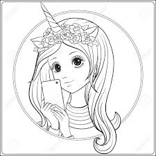 Besides printable, your child can color online on the website's pages. Young Nice Girl With Long Hear And Unicorn Horn And Roses On Her Head Make Selfie