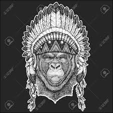 Native indian tattoos indian feather tattoos tribal tattoos native american american indian tattoos american art indian headdress tattoo american history american symbols tattoo design book. Gorilla Monkey Ape Frightful Animal Cool Animal Wearing Native American Indian Headdress With Feathers Boho Chic Style Hand Drawn Image For Tattoo Emblem Badge Icon Patch Royalty Free Cliparts Vectors And Stock