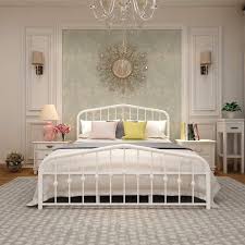 Metal Bed Frame Queen Size Platform No Box Spring Needed With Vintage Headboard And Footboard Premium Ste White Metal Bed Frame White Metal Bed White Bed Frame