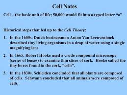 Cell Notes Cell The Basic Unit Of Life 50 000 Would Fit Into A Typed Letter O Historical Steps That Led Up To T Cell Theory Chemical Energy Cell Structure