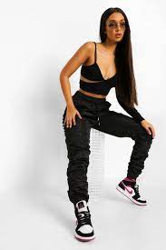Women S Black Ruched Shell Joggers Boohoo Uk