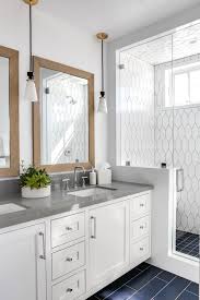 Bathroom With Grey Quartz Countertop White Cabinets And Unique Flooring And Wall Tile Batthroom Bathroom Interior Design Bathroom Interior Bathroom Styling