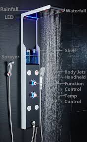 Ello Allo Stainless Steel Shower Panel Tower System Led Rainfall Waterfall Shower Head 5 Function Faucet Rain Massage System With Body Jets Black And White Waterfall Shower Shower Panels Bathroom Shower Panels