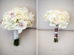 Green cymbidium orchids and white hydrangeas: Ivory And Blush Pink Orchid And Rose Bridal Bouquet