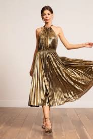 Christina Pleated Dress In 2020 Gold Pleated Dress Pleated Halter Dress Gold Wedding Guest Dresses
