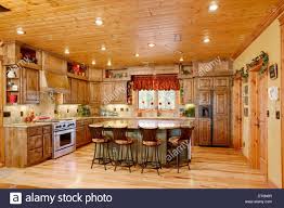 the kitchen in a modern log cabin stock
