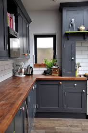 gray kitchen cabinets butcher block
