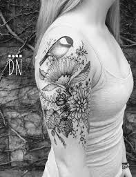Chickadee On Wild Flowers Tattoo Inkstylemag Wildflower Tattoo Bird Tattoo Sleeves Tattoos