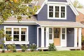 Slate blue house with brown roof. Blue Shingled House With Brown Front Door Cottage Home Exterior
