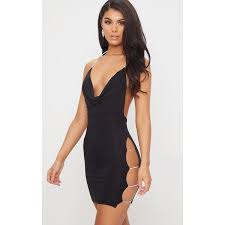 Black Diamante Detail Extreme Split Cowl Neck Bodycon Dress 35 Liked On Polyvore Featuring Dresses Bodycon Dress Neck Bodycon Dress Bodycon Cocktail Dress