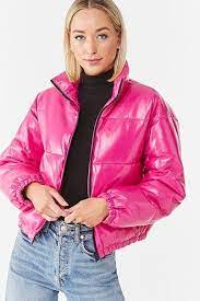 Forever 21 Faux Patent Leather Puffer Jacket Hot Pink Black Leather Puffer Jacket Puffer Jacket Outfit Puffer Jackets