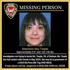 The Durham Police Department (DPD) is attempting to locate Stephanie May  Teeple, 38, of Durham. Ms. Teeple was last seen in late January 2024 and  last had phone contact with friends around