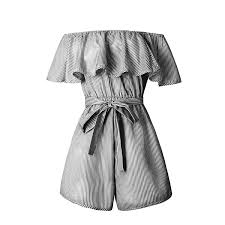 Black And White Striped Romper Plus Size Women S Summer Striped Off Shoulder Ruffle Short Sleeve Tie Waist Romper Jumpsuit You Can Find Out More Details At Th Rompers Jumpsuit Romper Summer Stripes