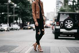 Tan Leather Moto Jacket Black Ripped Skinny Jeans Outfit Chloe Drew Handbag Christian Louboutin N Fashion Jackson Moto Jacket Outfit Leather Moto Jacket Outfit