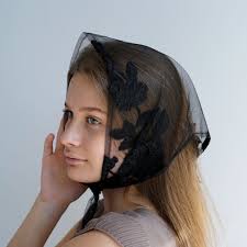 Lace Head Scarf With Embroidery in Black for Women