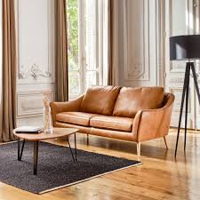 • canapé 2 places : Canape 2 Places Fixe En Cuir De Vachette Camel Retro Canape Droit En Cuir Alinea