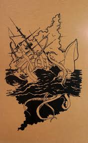 Giant Squid Destroying A Ship At Sea One Colour Screen Print On Cardboard Sea Drawing Octopus Art Pirate Ship Tattoo